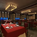 Elegant Restaurant Interior With Red Tablecloths Green Chairs Chandeliers And Decorative Windows